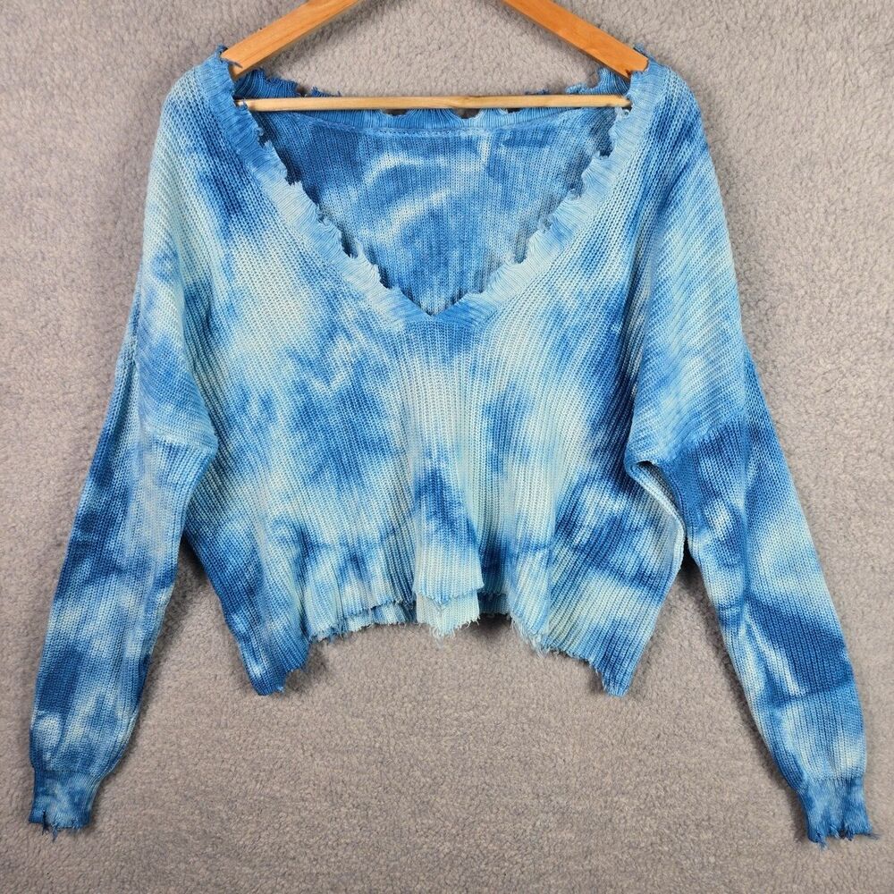 FATE Womens XS Blue Tie Dye Distressed Frayed V-Neck Crop Knit Sweater Cotton